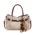 Sac fourre-tout rétro beige avec anses en cuir marron et pendentif en bois - Blanc Crème (Sans Pendentif)