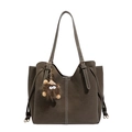 Olive green suede tote bag with contrast stitching and a plush monster charm - Grey Without Pendant