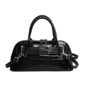 Black crocodile embossed shell bag with belt buckle detail and glossy finish - Black