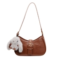 Dark brown half-moon shoulder bag in glossy oil-wax leather with a gray rabbit plush charm - No Pendant / Brown