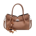 Sac à main en daim marron avec bordure en cuir, pompon ethnique et bandoulière - Brun Sans Pendentif