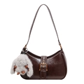 Retro dark brown oil wax leather hobo bag with a plush rabbit charm and gold buckle - No Pendant / Brown