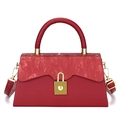Classic red box crossbody handbag with textured flap and golden metal hardware on white background - Red
