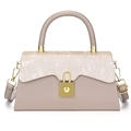 Elegant trapezoid box handbag with vintage gold lock in beige gray textured leather - Khaki