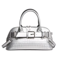 Silver shell handbag with crocodile texture, belt buckle design, and detachable strap - Silver