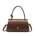 Dark brown glossy leather handbag with twist handle and gold buckle detail - Brown