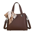 Deep brown litchi textured handbag with adjustable strap and decorative paisley scarf - Brown