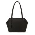 Minimalist black tote bag in lychee texture leather with long shoulder straps - Black