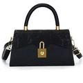 Bolso de mano negro clásico con solapa texturizada y cierre de candado cuadrado dorado - Negro