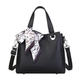 Black pebbled faux leather tote with silver hardware and decorative silk scarf detail - Black