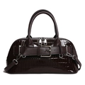 Dark brown faux leather shell bag with crocodile texture and buckle detail - Brown