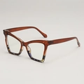 Cat eye glasses frame in brown tortoiseshell pattern with blue accents and clear lenses - Demi/White Lens