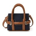 Mini borsa Kelly in denim con manici in pelle marrone e cuciture a contrasto - Blu