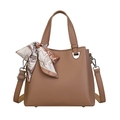 Brown litchi grain handbag with elegant silk scarf and detachable shoulder strap - Khaki