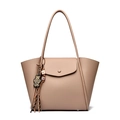 Borsa tote beige in pelle a grana con ciondolo a forma di orso leopardato - Cachi