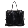 Bolso tote minimalista en cuero encerado negro con gran capacidad y cordones decorativos - Negro