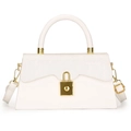 Elegant white trapezoid handbag featuring a gold square padlock and wavy flap edge - White