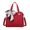 Fashionable red litchi texture tote bag with a decorative black and white silk scarf - Red