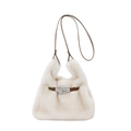 White faux fur handbag with brown leather strap and silver metal turn lock closure - Off White
