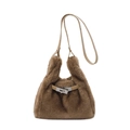 Brown fluffy faux fur handbag with silver metal twist lock and slim leather strap - Khaki