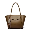 Brown lychee leather tote bag with thin shoulder straps and leopard print bear charm - Brown