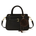 Vintage black crossbody bag with square embossing, golden buckle, and plush charm - Black