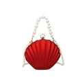 Red shell-shaped evening bag with pearl top handle and long pearl chain strap - Red