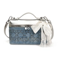 Bolso de tela vaquera con pedrería, parte superior metálica plateada y perlas - Sin colgante / Azul marino