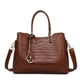 Vintage dark brown embossed tote bag with crocodile texture and metal pendants - Brown