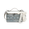 Bolso vanity de mezclilla y cuero plateado con patrón de pedrería y lazo de encaje - Sin colgante / Azul claro
