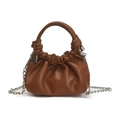 Brown pleated dumpling handbag with leather handle and silver chain strap on white background - Brown
