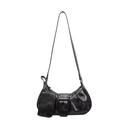 Black vintage leather underarm bag with large metal buckle and detachable mini pouch - Black