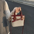 Borsa a secchiello retrò in tela crema e pelle bordeaux con fibbia in metallo chic - Grigio Rosso (Beige Patchwork Rosso Vino)