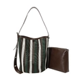 Striped woven shoulder bag set with brown leather straps and interior pouch - Three-color Striped 2-in-1 Set / Green