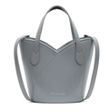 Minimalist light grey leather bucket bag with unique layered petal top and silver text - Blue