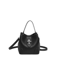 Black litchi grain leather bucket bag with silver U-lock and adjustable shoulder strap - Black