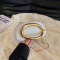 White woven semicircular evening bag with a chunky gold handle and metal chain strap - White