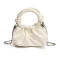 White pleated cloud handbag in soft PU leather with metallic silver chain strap - White