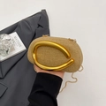 Khaki woven straw evening bag with large gold C-shaped metal handle and chain strap - Khaki
