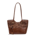 Vintage leopard print tote bag with brown leather straps and wooden bead tassel details - Leopard Print