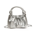 Silver metallic pleated cloud handbag with braided knot handle and chain strap - Silver