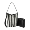 Striped mesh tote bag with black leather inner pouch and adjustable shoulder strap - Black and White Stripe Sub-mother Bag Set / Black