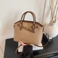 Brown litchi grain leather tote bag with gold metal buckle and adjustable strap - Khaki
