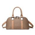 Elegante hellbraune geflochtene Boston-Tasche mit Ledergriffen und silbernen Beschlägen - Dunkles Khaki