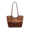 Vintage brown two-tone tote bag with suede texture and wooden bead tassel detail - Brown