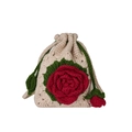 Bolso de ganchillo hecho a mano con cordón y decoración de rosa roja 3D y hojas - Blanco