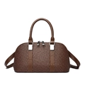 Deep brown woven PU leather handbag with dual handles and silver metallic hardware - Dark Brown
