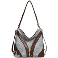 Bolso tote retro de lona gris con patchwork de cuero marrón y detalles de remaches - Azul