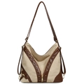 Bolso tote de lona retro con ribete de piel sintética marrón y cremalleras doradas - Caqui