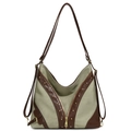 Bolso hobo retro de lona y cuero verde militar con elegantes detalles de cremallera dorada - Verde